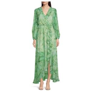 Green Palm Print Chiffon Elastic Waist Long Sleeve High Low Maxi Dress
